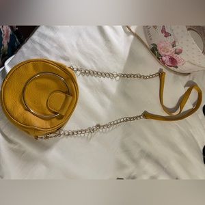 Mustard yellow circle purse w gold chain strap